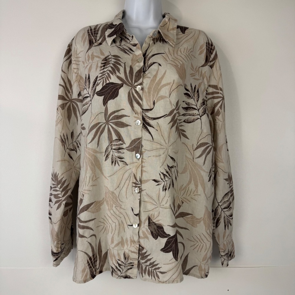 Studio Works Button Up Women XL Tan Tropical Leaf Linen Coastal Casual Shirt